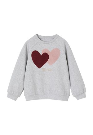 Grauer Sweatshirt mit zwei Herzdesigns in Burgunderrot und Hellrosa, mit geripptem Kragen und Bündchen sowie goldener Schrift am unteren Rand.