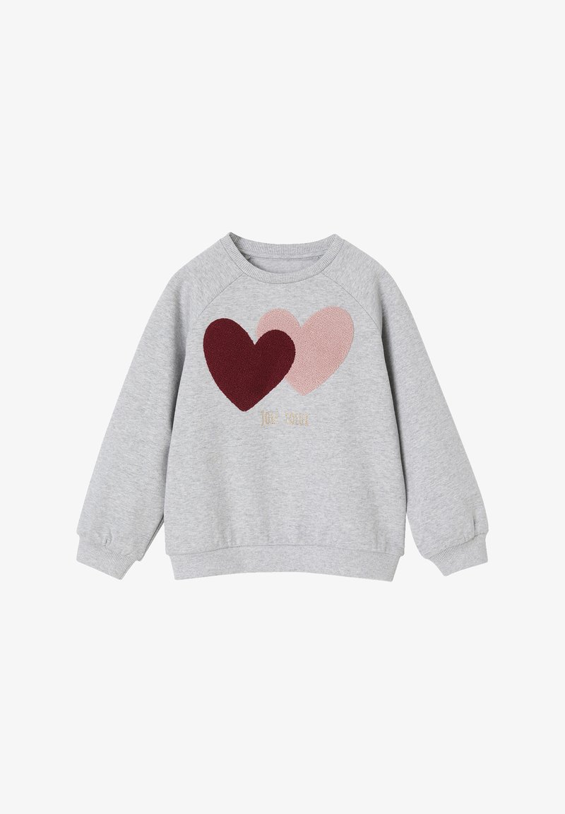 Gray sweatshirt with two heart designs in burgundy and light pink, featuring ribbed collar and cuffs, and gold text at the bottom.