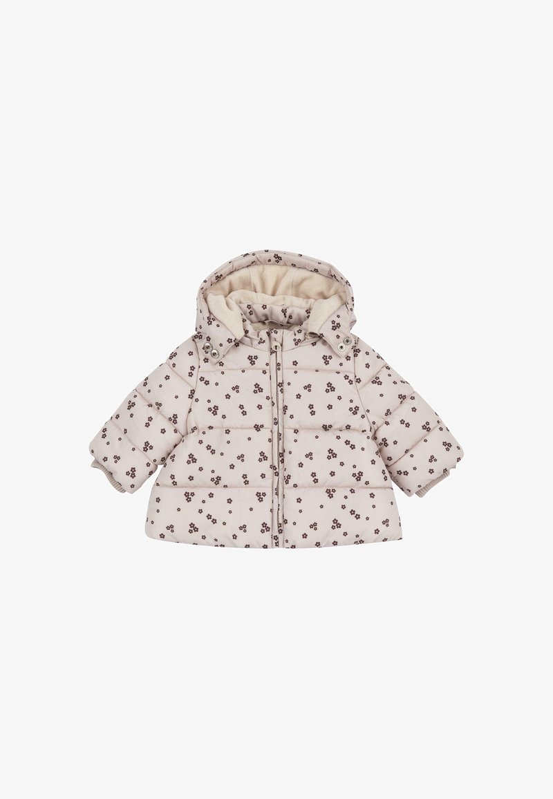 Doudoune beige clair pour tout-petit avec motif floral marron, capuche attachée, fermeture éclair devant et détail col à pressions.
