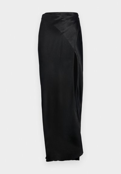 Fustă maxi din satin negru, cu slit lateral, textură netedă și design drapat. Dispune de talie înaltă și siluetă fluidă.