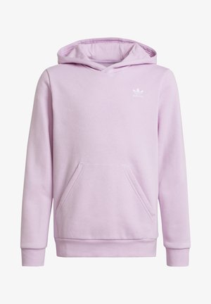 Lawendowa bluza z kapturem wykonana z miękkiej tkaniny, z kieszenią typu kangur z przodu i małym białym logo na piersi. Rękawy i dół zakończone ściągaczami.