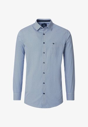 Langärmliges Hemd in Hellblau mit geometrischem Muster. Verfügt über einen Button-Down-Kragen, marineblaue Knöpfe und ein kleines Logo auf der Brusttasche.