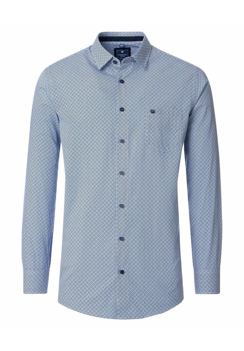 Lange mouwen shirt in lichtblauw met een geometrisch patroon. Heeft een button-down kraag, navy knopen en een klein logo op de borstzak.