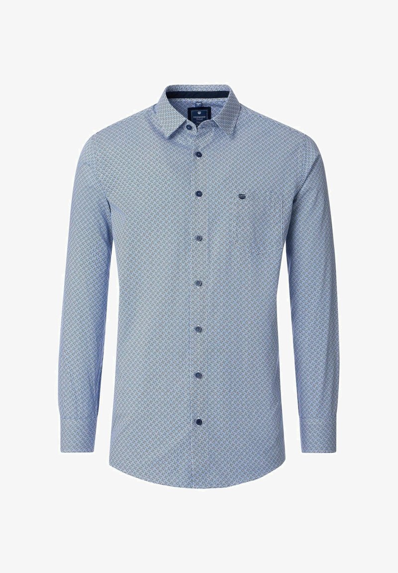 Langärmliges Hemd in Hellblau mit geometrischem Muster. Verfügt über einen Button-Down-Kragen, marineblaue Knöpfe und ein kleines Logo auf der Brusttasche.