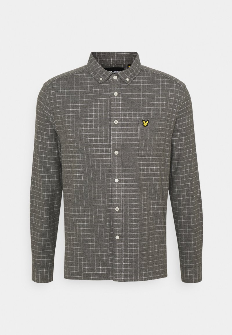 Mans långärmad skjorta i mörkgrått med ett vitt rutig mönster, knäppning vid kragen och en liten gul logotyp på bröstet. Tillverkad av bomull.