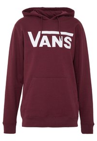 Burgundská mikina s klokankovým vreckom, so veľkým bielym logom "VANS" na hrudi a s kapucňou so šnúrkou. Mäkčený bavlnený materiál.