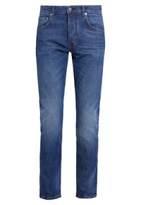 Jeans i denim i en medelblå nyans, med rak benform, femficksdesign och kontrasterande sömmar längs sömmarna.