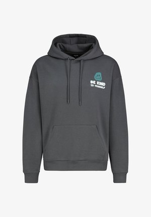 Grijze hoodie met een kangoeroezak, een trekkoord capuchon en de opdruk "WEES LIEF VOOR JEZELF" in teal en wit op de borst.