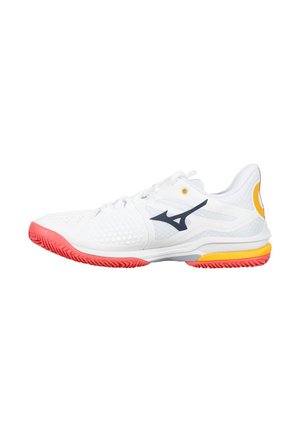 White athletic shoes featuring a mesh upper, yellow accents, and a pink rubber sole with textured grip patterns.