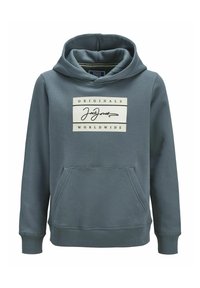 Sudadera de algodón gris con un bolsillo canguro, capucha con cordón y un logotipo rectangular blanco con el texto "ORIGINALS" y "WORLDWIDE".