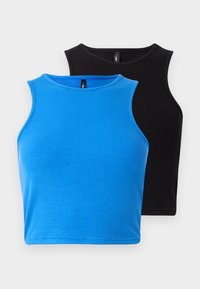 Two fitted, sleeveless crop tops—one in ribbed blue fabric, the other in ribbed black. Both feature round necklines and a smooth texture.