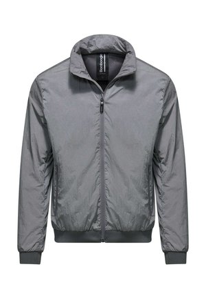 Giacca bomber leggera grigia con colletto rialzato, chiusura con zip, polsini elasticizzati e due tasche laterali. Tessuto testurizzato con leggero effetto lucido.
