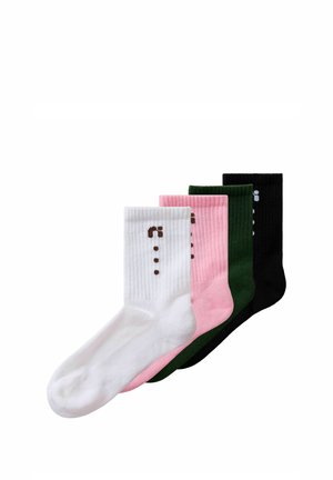 Four ribbed crew socks in white, pink, dark green, and black, each featuring a small dotted design near the cuff.