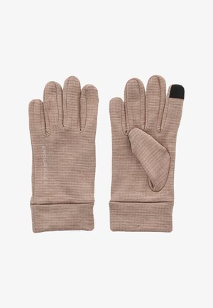Brune strikkede handsker med en tæt pasform, der har fem fingre og en tommelfinger med en sort touchscreen-kompatibel spids. tekstureret stof med logo detaljer.