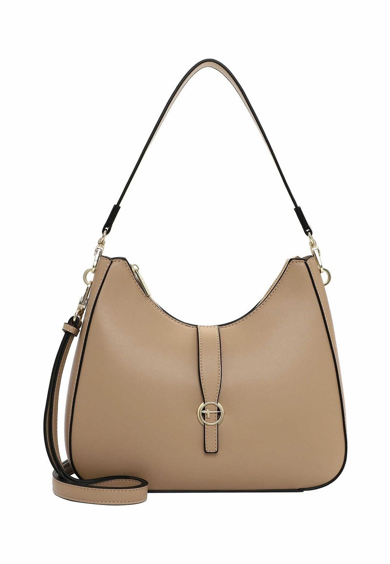 Bolso hobo de imitación cuero beige con ribetes negros, forma curvada, asa superior individual y correa de hombro desmontable, con un acento circular dorado.