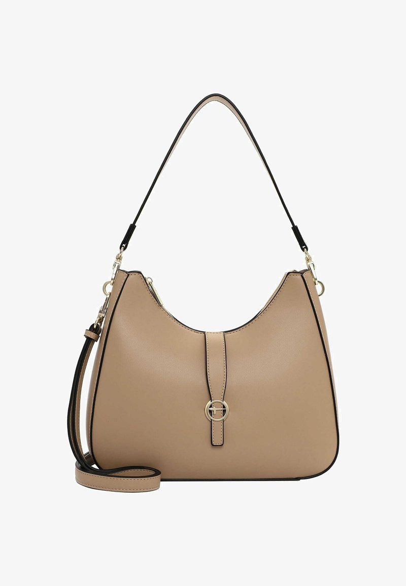 Beige faux læder hobo taske med sort trim, buet form, enkelt topgreb og aftagelig skulderrem, med et gyldent cirkulært accent.