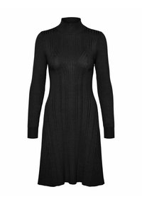 Robe noire en maille côtelée avec un col haut, des manches longues et une jupe évasée. Présente des lignes verticales texturées sur toute sa surface.