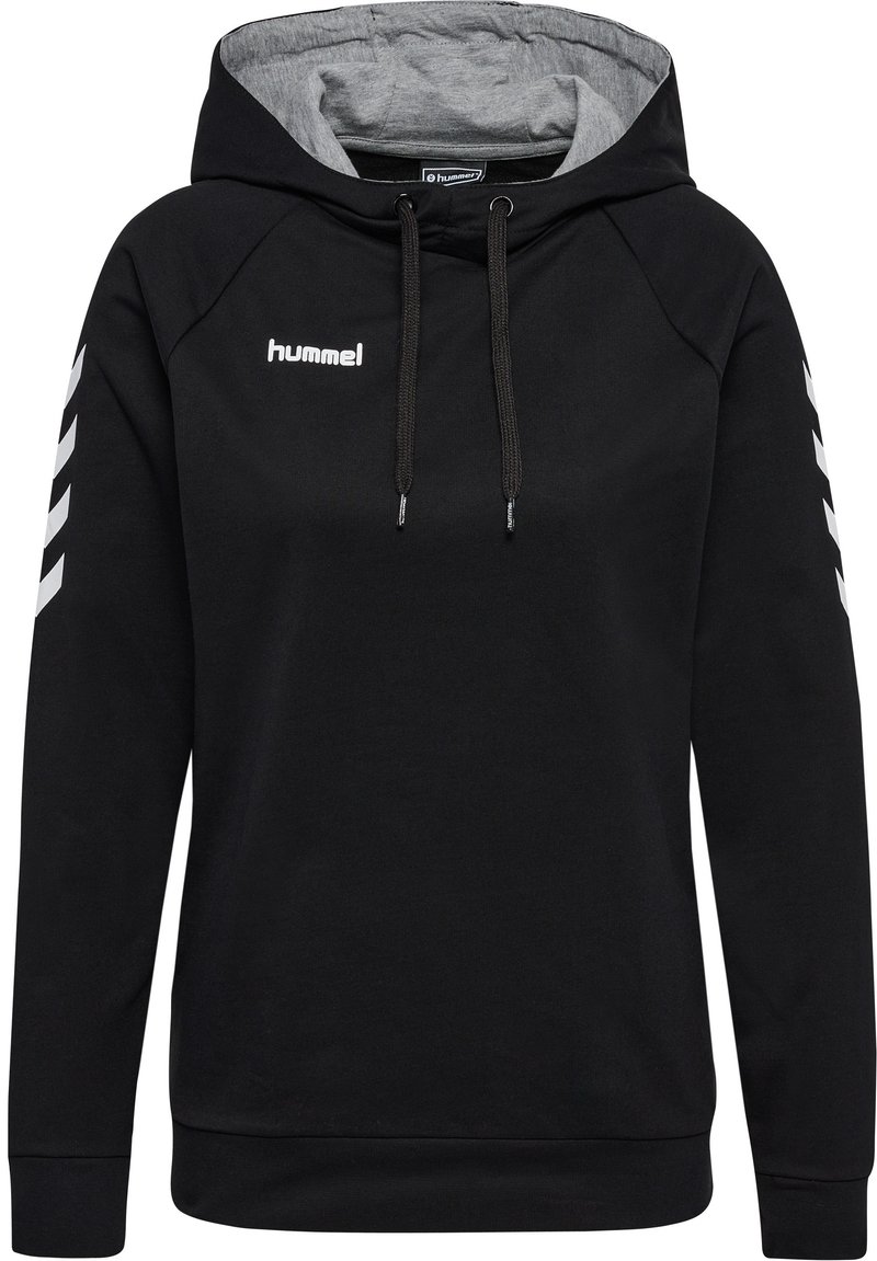 Czarna bluza z kapturem, z szarym podszewką, z logo i białym wzorem w chevron na rękawach, z regulowanym sznurkiem przy dekolcie.