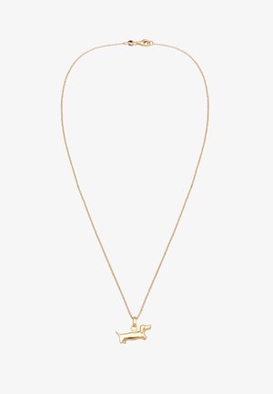 Collier en or avec un pendentif en forme de teckel. La chaîne est délicate et texturée, avec un petit fermoir en forme de homard.