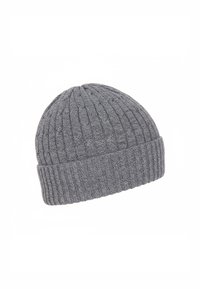 Gray knit beanie with ribbed texture, rounded top, and folded brim. Made of soft fabric, featuring light cable patterns throughout.