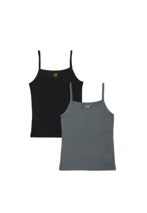 Twee effen spaghettihemdjes, één zwart en één donkergrijs, plat uitgespreid met zichtbare merklabels binnenin de hals.