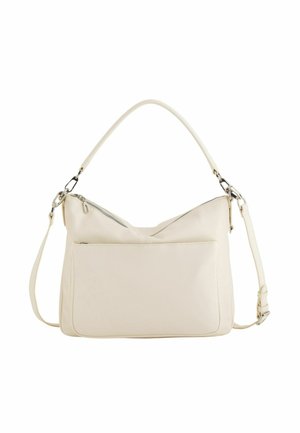 Cremefarbene Ledertasche mit Reißverschlussfach vorne, oberem Reißverschluss, kurzem Griff und verstellbarem Schultergurt.