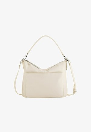 Bolso de mano de cuero color crema con bolsillo frontal con cremallera, cierre superior con cremallera, asa corta y correa de hombro ajustable.