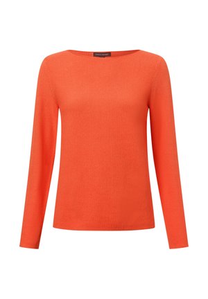 Helles orange langärmliges Sweatshirt mit geripptem Textur und Bootsausschnitt. Besitzt ein Etikett hinten am Hals, minimalistisches Design.