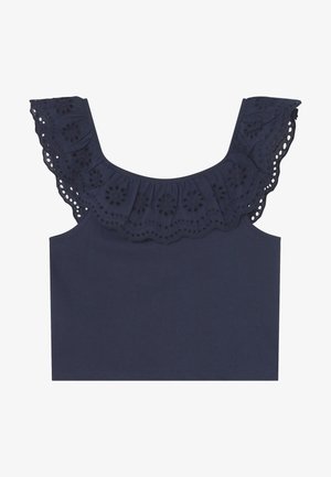 Marineblaues ärmelloses Crop-Top mit gerafftem Lochspitzkragen und floraler Ausschnitt-Stickerei am Ausschnitt.