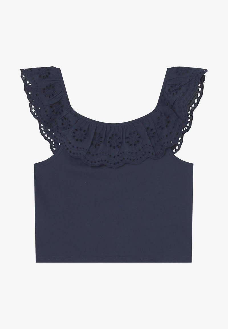 Haut court sans manches bleu marine avec col en dentelle ajourée volanté et broderie florale en découpe autour du décolleté.
