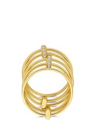 Goldfarbener Mehrbandring mit glatten, runden Formen und zwei Akzentbereichen mit kleinen, klaren Steinen. Polierte Metalloberfläche.