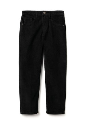 Pantaloni in velluto a coste neri con bottone anteriore, passanti per cintura, cinque tasche, design a gamba dritta e una superficie morbida e testurizzata.