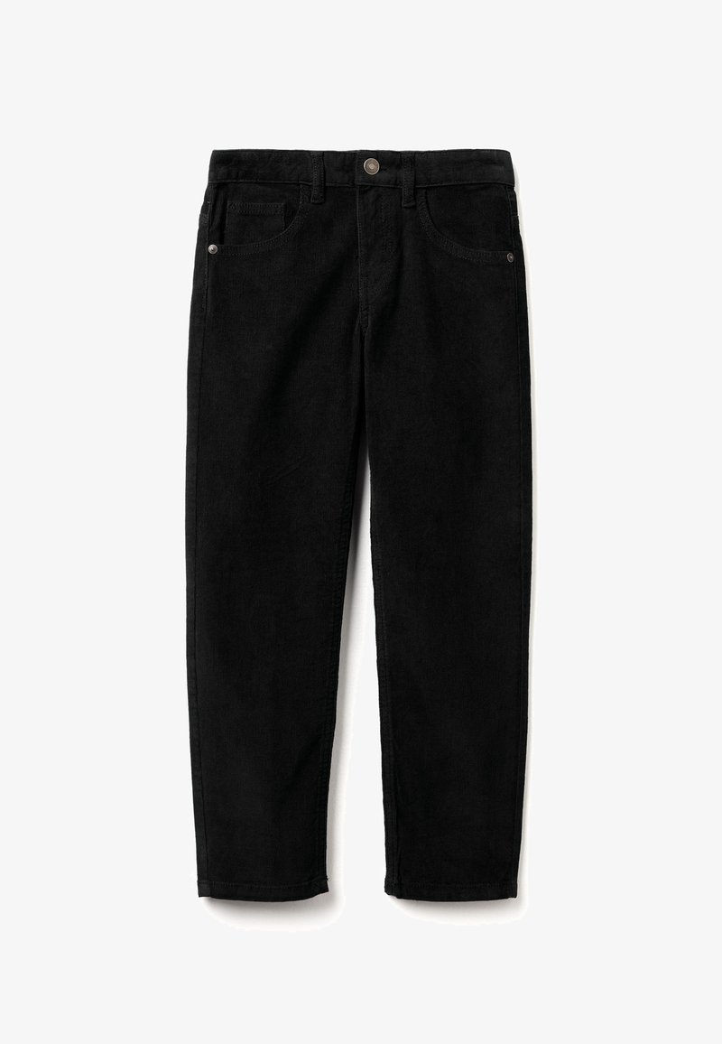 Černé kordové kalhoty s předním knoflíkem, poutky na opasek, pěti kapsami, rovnými nohavicemi a měkkým, texturovaným povrchem.