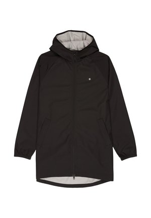 Zwarte jas met ritssluiting en capuchon, voorzien van een grijze voering, elastische manchetten en zijzakken. Soepele textuur, ontwerp tot op de knie.