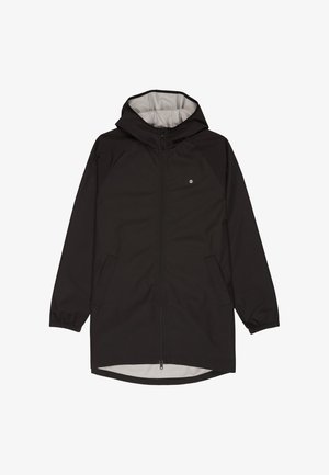 Zwarte jas met ritssluiting en capuchon, voorzien van een grijze voering, elastische manchetten en zijzakken. Soepele textuur, ontwerp tot op de knie.