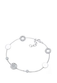 Silbernes Armband mit kreisförmigen Akzenten, von denen einige mit klaren Kristallen besetzt sind. Glatte Oberflächen wechseln sich mit strukturierten Details ab. Verstellbarer Verschluss.