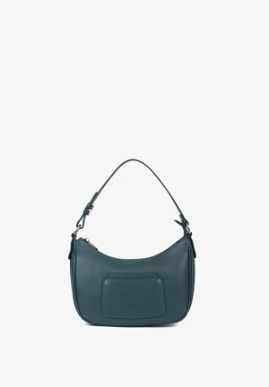 Sac à bandoulière en cuir vert foncé avec fermeture éclair supérieure, poche avant externe et sangle réglable avec boucles métalliques.