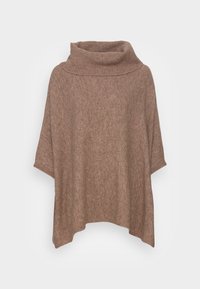 Poncho en maille marron avec un col cheminée côtelé haut. Comprend de larges manches et une coupe ample pour le confort et la superposition.