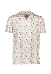 Camisa de manga corta y cuello en tela blanca con un colorido estampado de caballitos de mar y flores. Material ligero con un ajuste relajado.