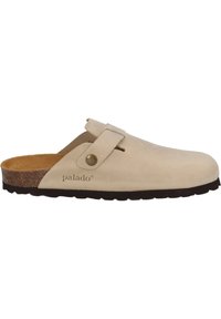 Beige suede clogs with a cork sole, side strap, and round toe. Features a metal button accent and textured footbed for comfort.