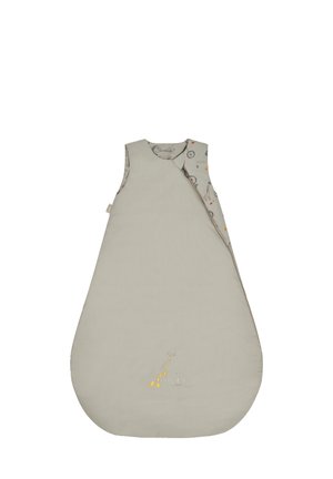 Hellgrauer Schlafsack in Tropfenform, mit seitlichem Reißverschluss und Tiermuster-Futter. Bestickte Details eines Giraffen und eines Löwen.