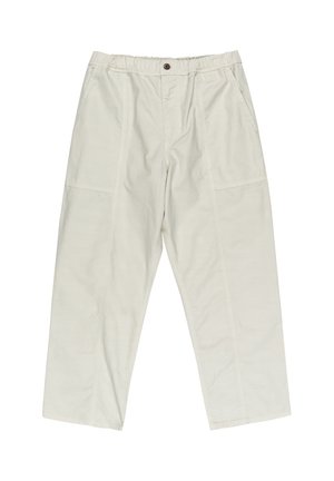 Pantalons large couleur gris clair, avec une taille élastique et une fermeture à bouton unique. Comprend des poches latérales et des détails de couture verticale.