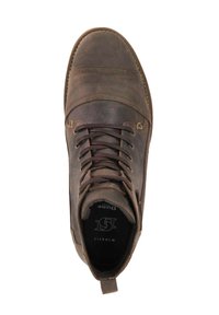 Brown leather ankle boot with laces, featuring textured panels, a pull tab, and a contrasting logo on the insole.