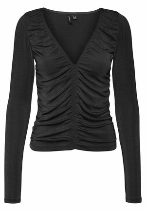 Zwart langärmelig shirt met diepe V-hals en geplooide stof, verzameld langs het middenvoor en de zijkanten.