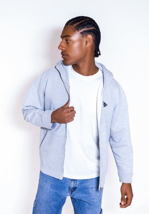 Felpa con zip grigia chiara, con tasca a marsupio, indossata sopra una t-shirt bianca e abbinata a jeans blu. Presenta un piccolo logo sul petto.