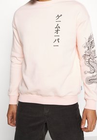 Sudadera rosa claro con cuello redondo y mangas largas. Presenta texto en japonés negro en la parte delantera y un gráfico de dragón en la manga derecha.