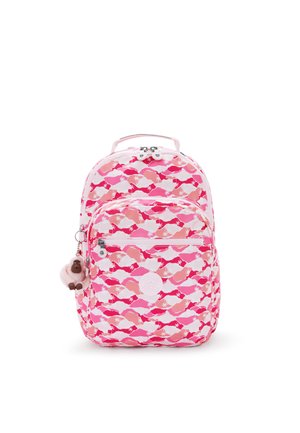 Zaino rosa con motivo di balene, realizzato in tessuto resistente. Presenta due scomparti con zip e un accessorio a forma di charm sul lato.