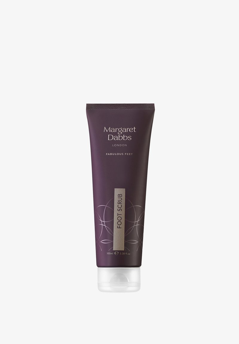 Tube violet de gommage pour les pieds avec du texte argenté et des accents décoratifs. Capuchon transparent à rabat en bas. Capacité : 100 ml.