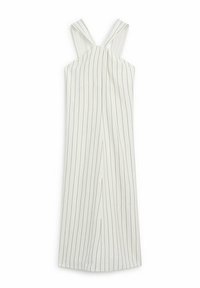 Robe blanche sans manches avec fines rayures noires verticales et larges bretelles croisées dans le dos.