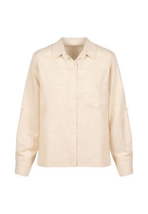 Beżowa koszula na długi rękaw, zapinana na guziki, z kołnierzykiem, przednią kieszenią na piersi oraz podwiniętymi rękawami z zakładkami.